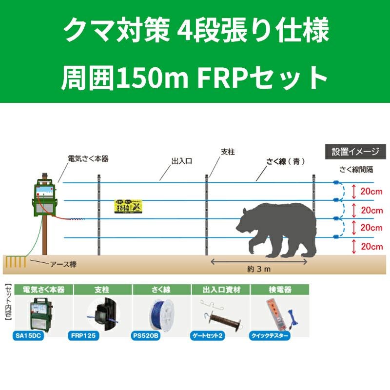 クマ対策用電気柵 4段張り仕様 周囲150m FRPセット