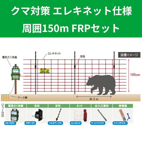 クマ・イノシシ対策用電気柵 エレキネット周囲150m電気柵セット